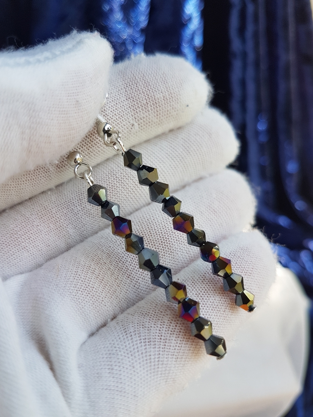 Swarovski Elements Black Iridescent Hematite Crystal Long Earrings Handmade NEW